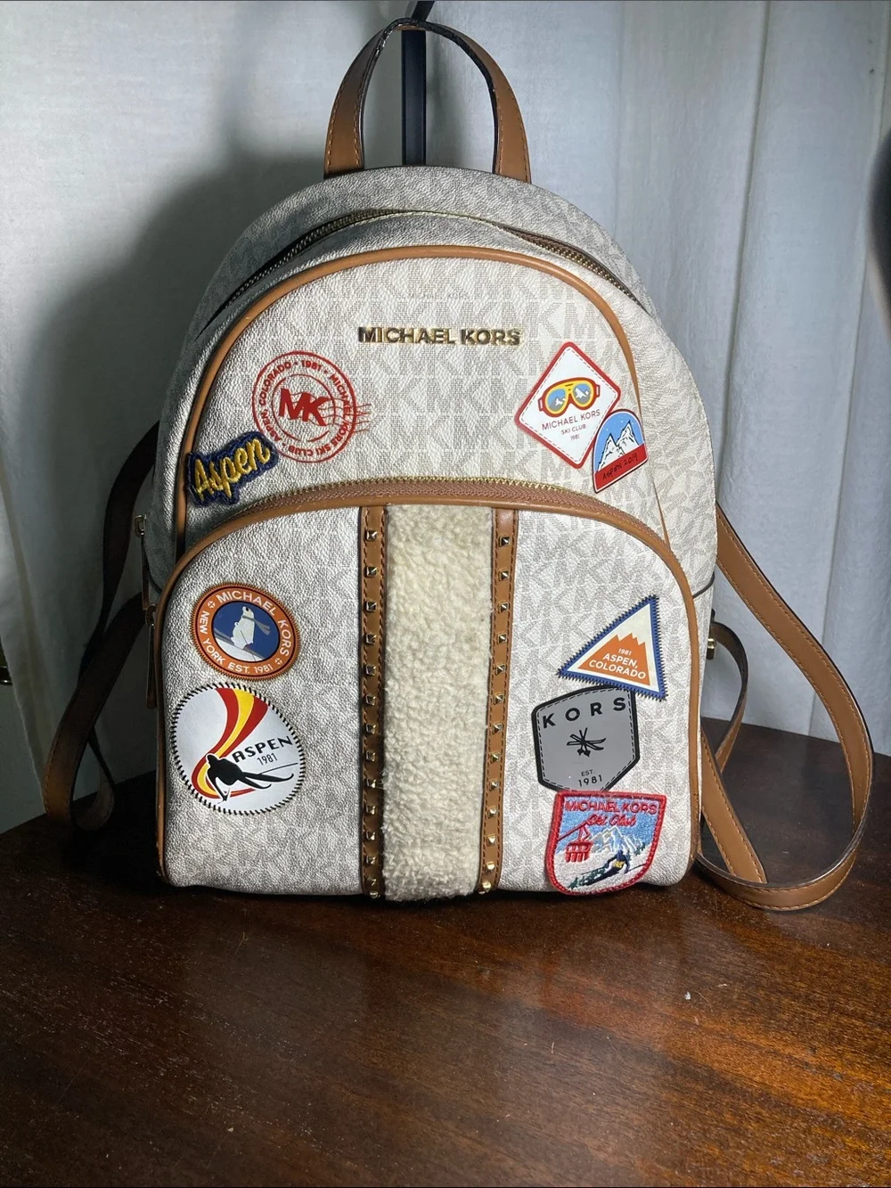 Michael Kors Cream Logo Aspen  Patch Backpack with Tan Trim